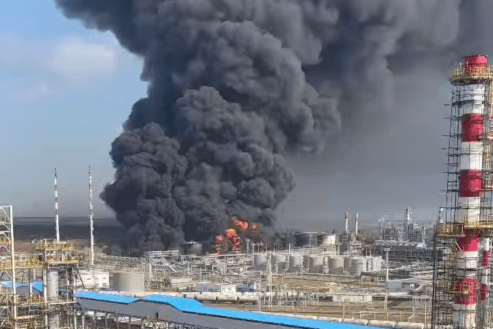 The Novoshakhtinsk refinery in Russia’s southern Rostov Region after a drone attack in August 2025. Source: social media